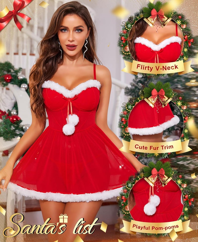 RSLOVE Christmas Babydoll Lingerie for Women - Sexy Santa Chemise Holiday Outfits Womens Red Mesh Xmas Sleepwear - Image 3